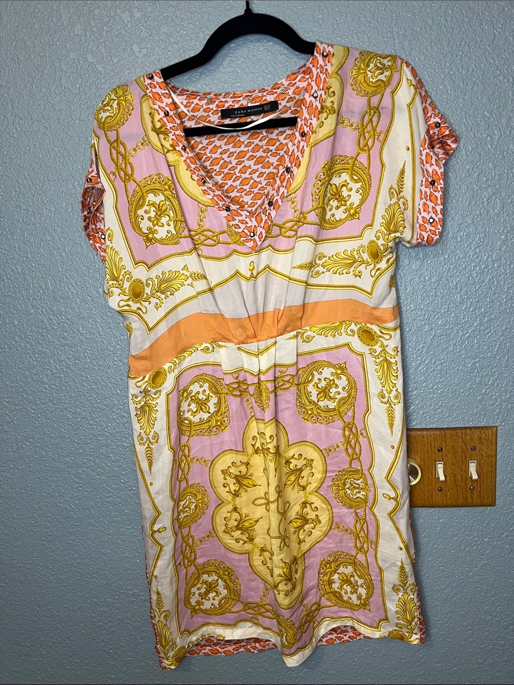 Zara Medi Dress Fish Print 100%‎ Mulberry Silk dress sz:XS